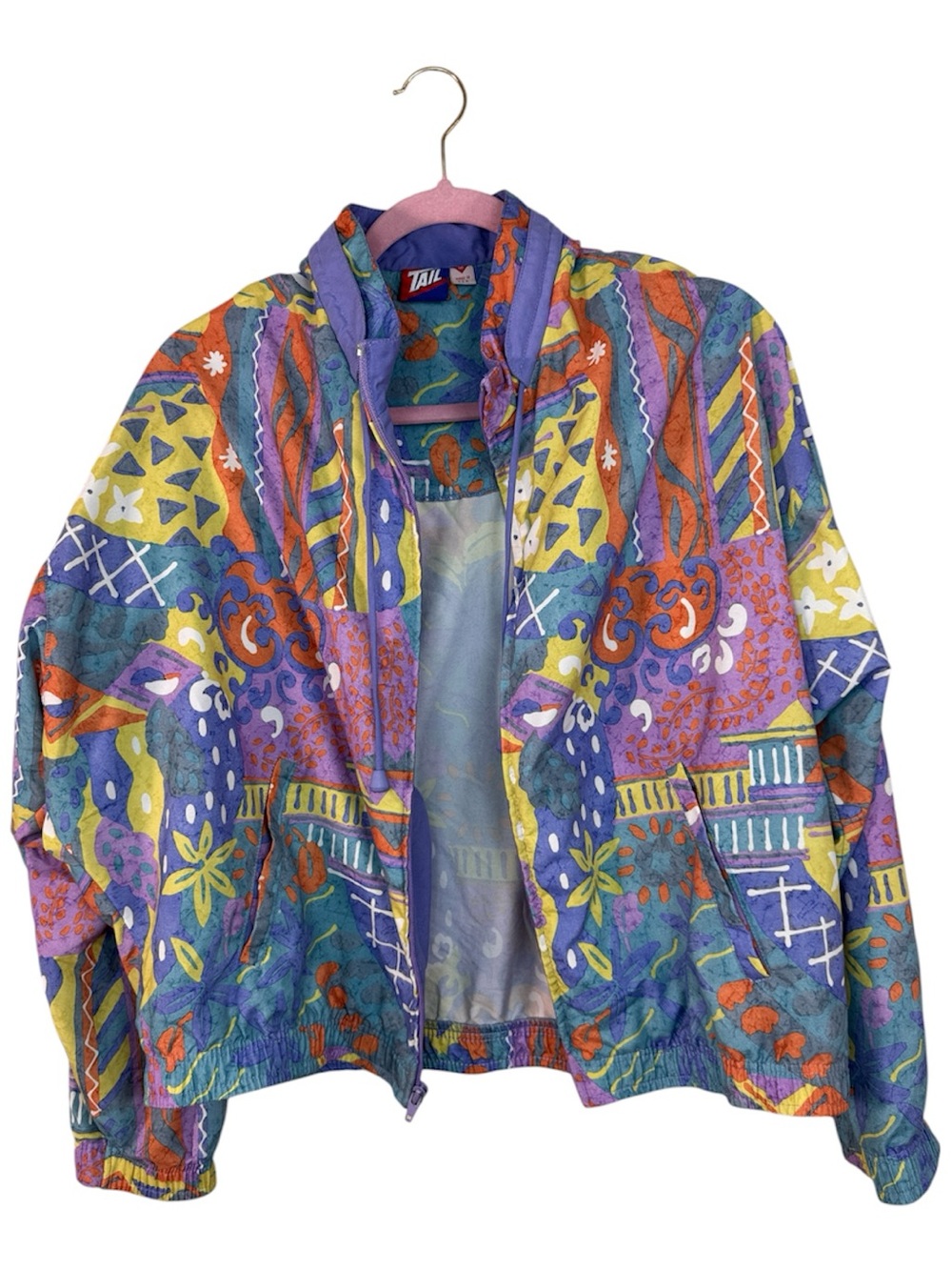 Vintage Blue Pink Pastel 90s Printed Windbreaker Jacket Womens M Casual Colorful